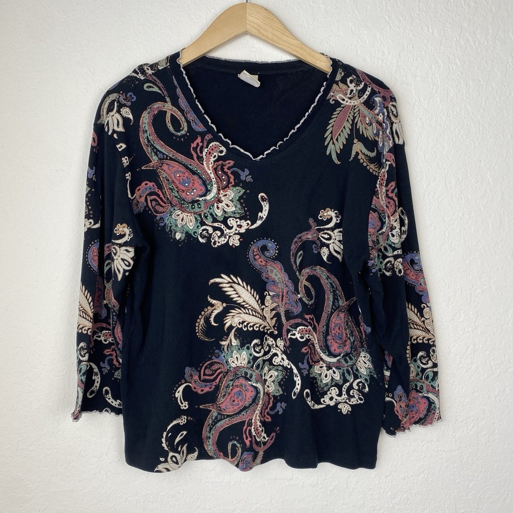 Jess & Jane XL Paisley Y2K Lettuce Hem T Shirt Fairy Grunge V Neck Whimsigoth